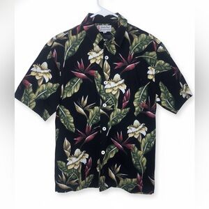 PARADISE ISLAND Men’s Black Cotton Hawaiian Tropical Floral Button Down Shirt